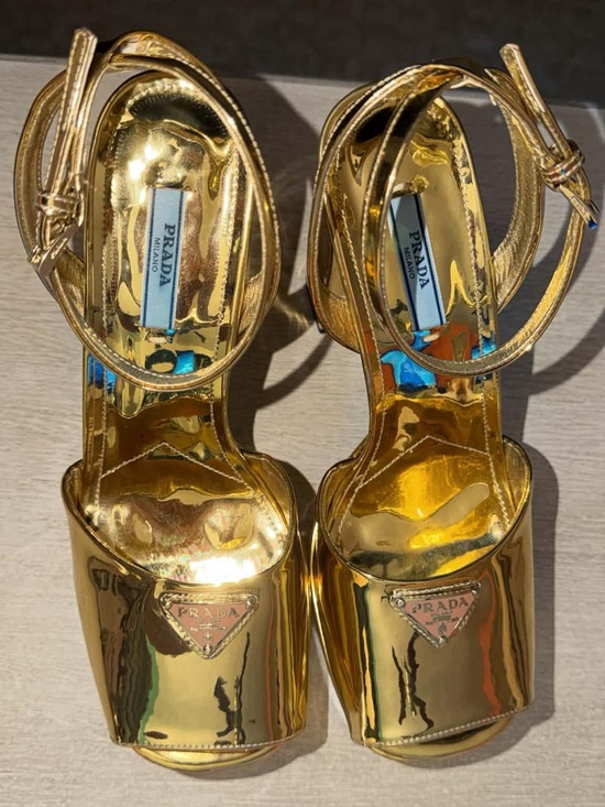 Prada Shoes - Prada Metallic Gold Platform Sandals with Ankle Strap